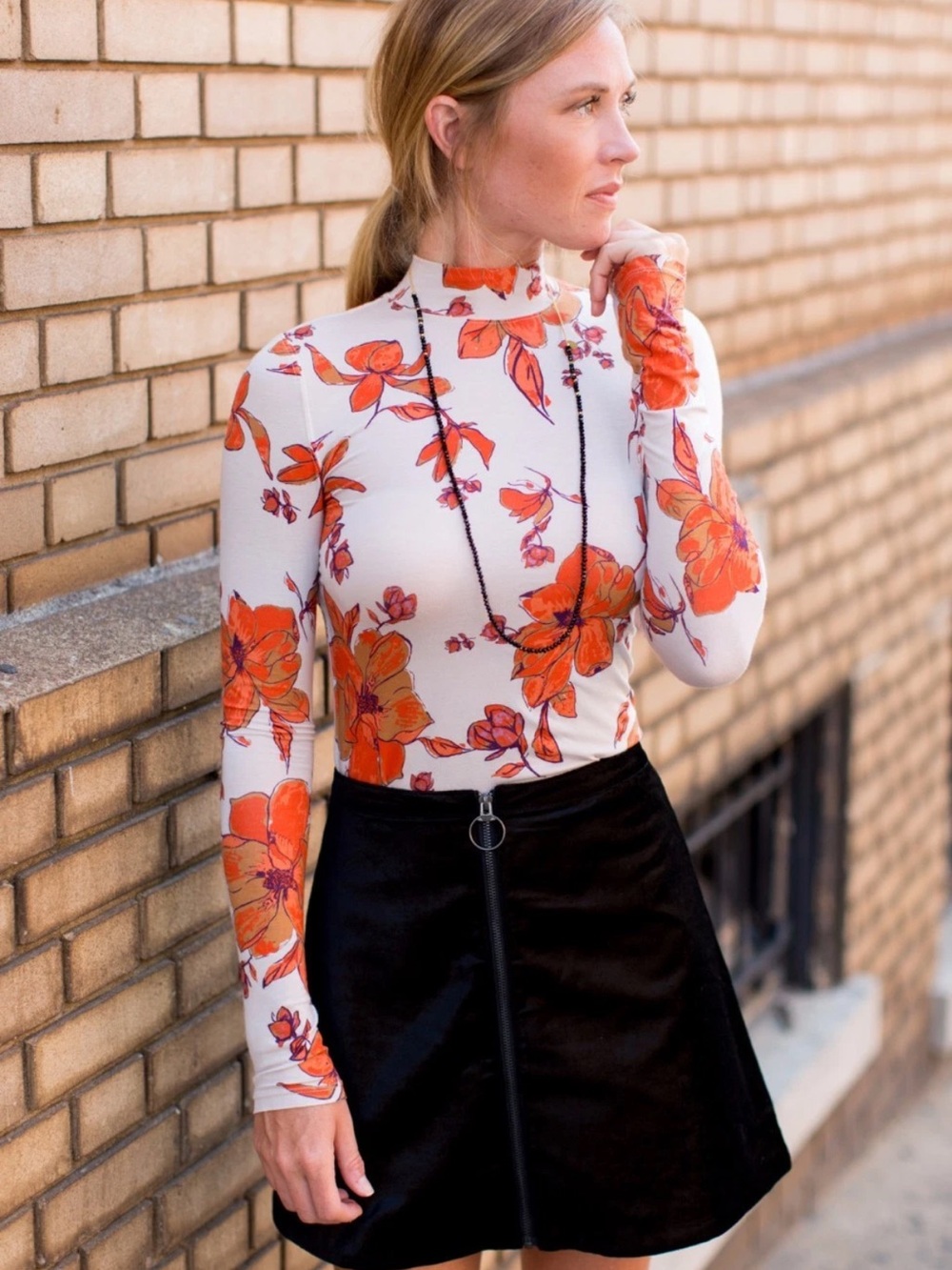 Free People Cream Mock Neck Long Sleeve Top with Orange Floral Print